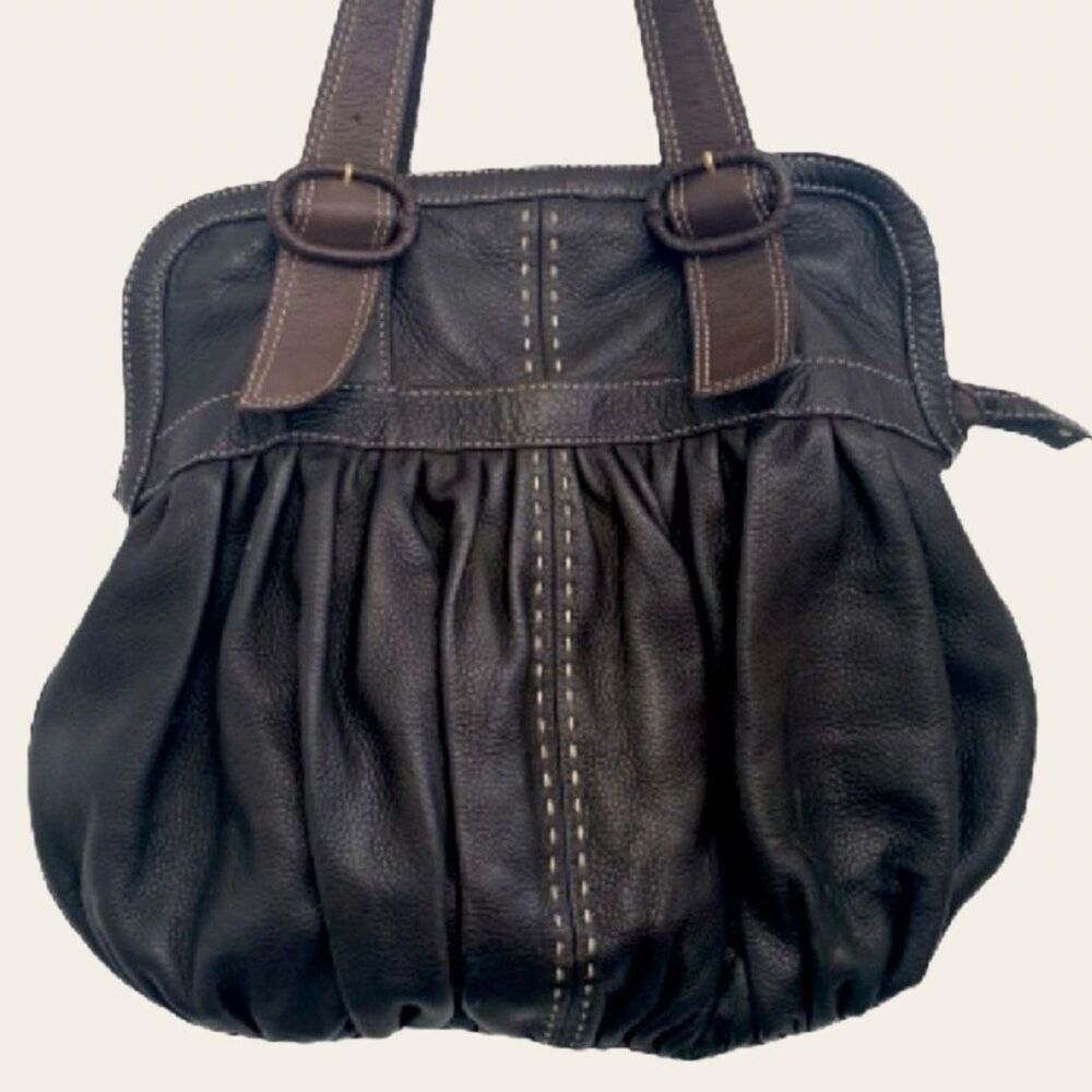Cole Haan Pebbled Leather Hobo Ruched Brown Double Strap Bag